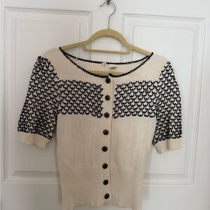 Moth by Anthropologie Cream/Black Short-Sleeve Knit Cardigan Snaps Size Small